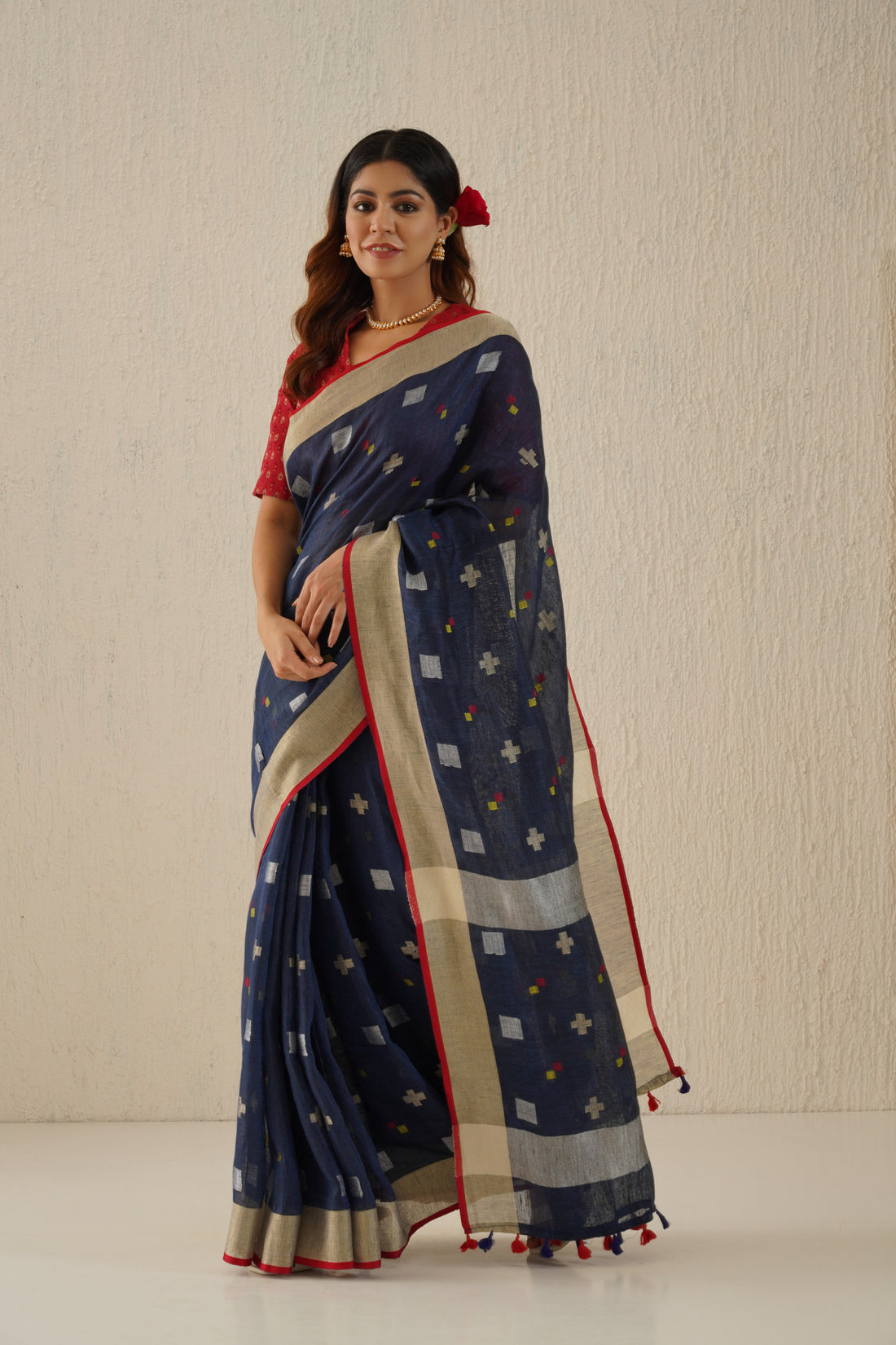 Navy Blue & Silver Handloom Linen Jamdani Sari