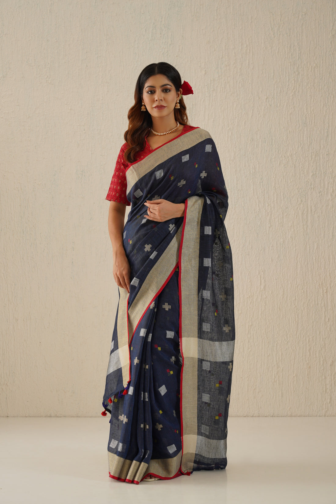 Navy Blue & Silver Handloom Linen Jamdani Sari