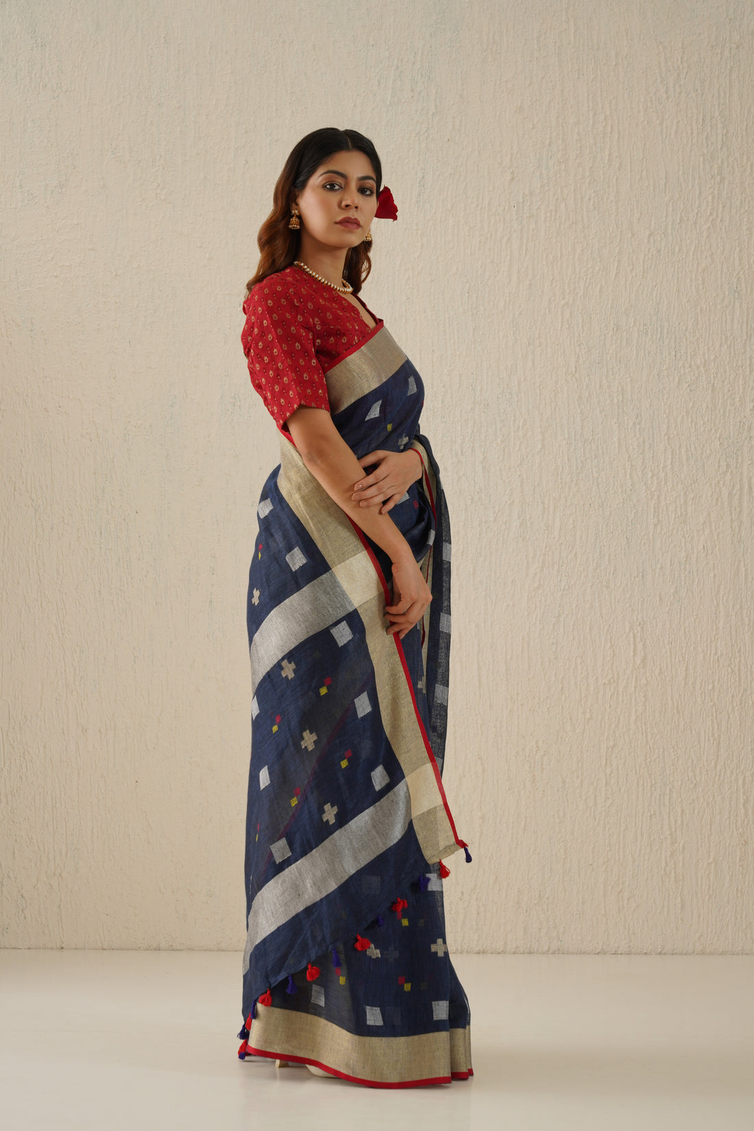 Navy Blue & Silver Handloom Linen Jamdani Sari