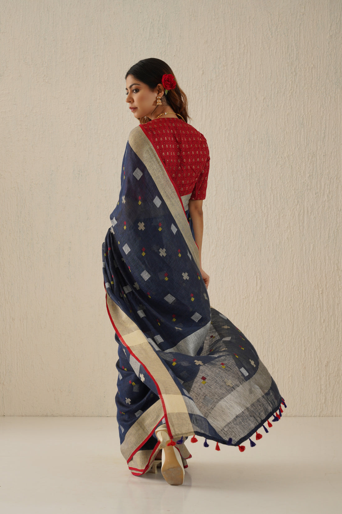 Navy Blue & Silver Handloom Linen Jamdani Sari