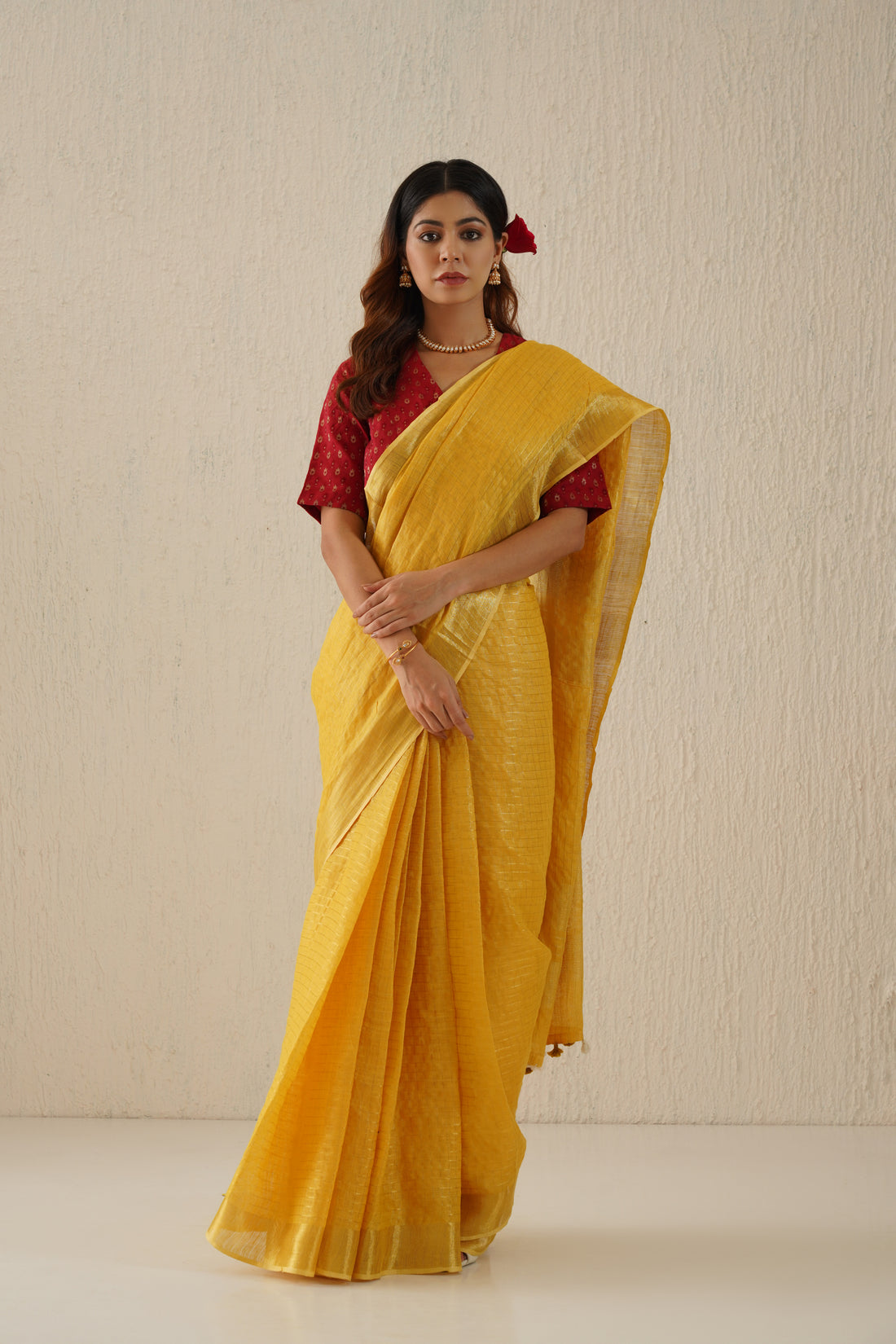 Marigold Mustard Handloom Linen Sari with Zari