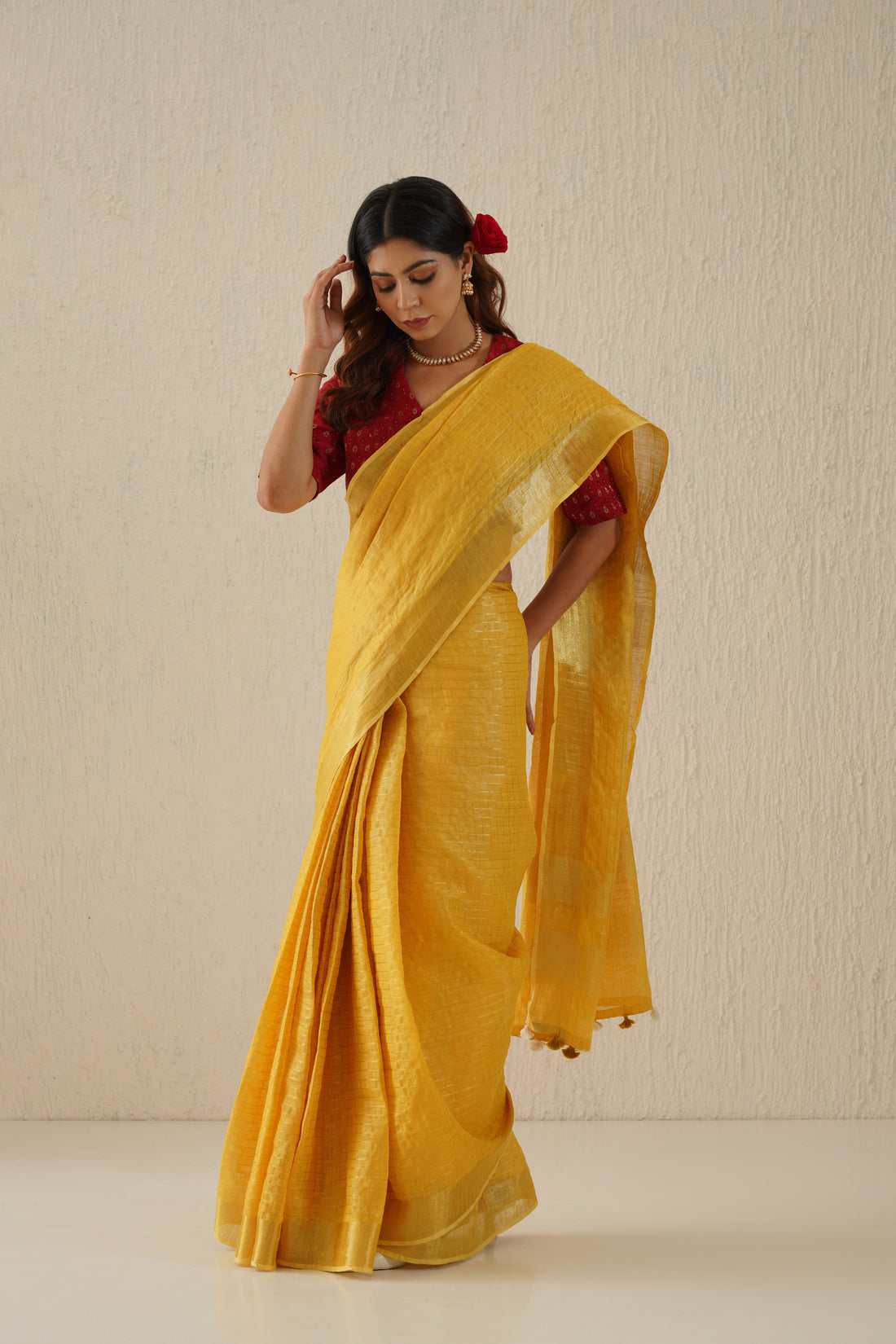 Marigold Mustard Handloom Linen Sari with Zari