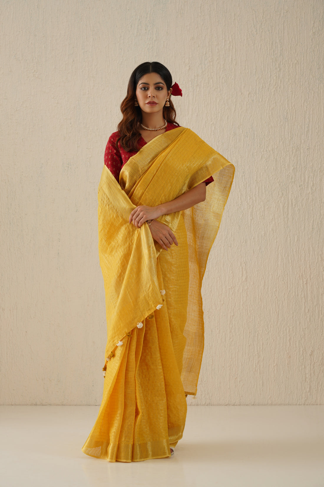 Marigold Mustard Handloom Linen Sari with Zari