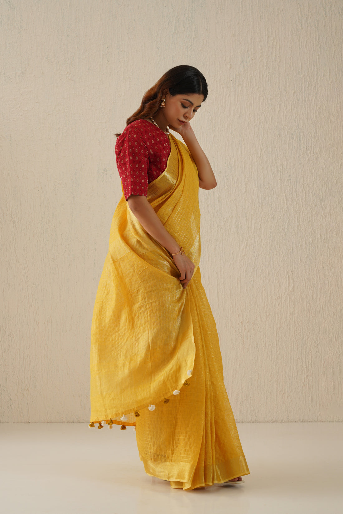 Marigold Mustard Handloom Linen Sari with Zari