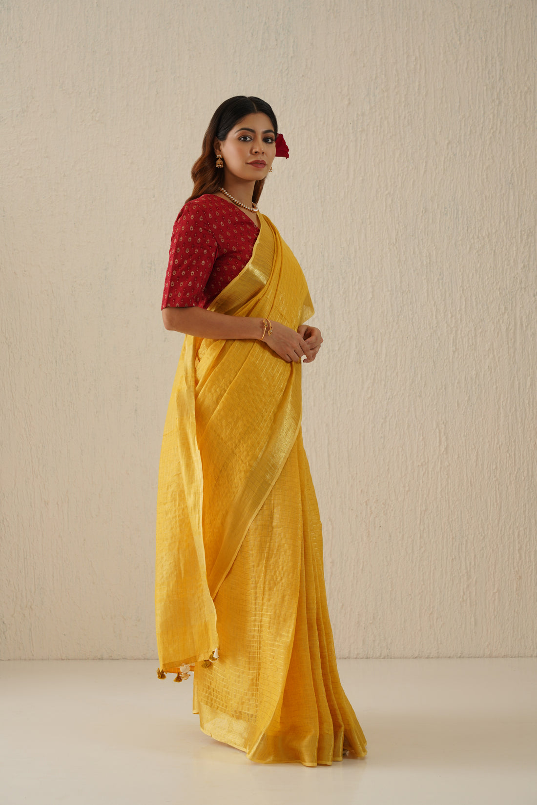 Marigold Mustard Handloom Linen Sari with Zari