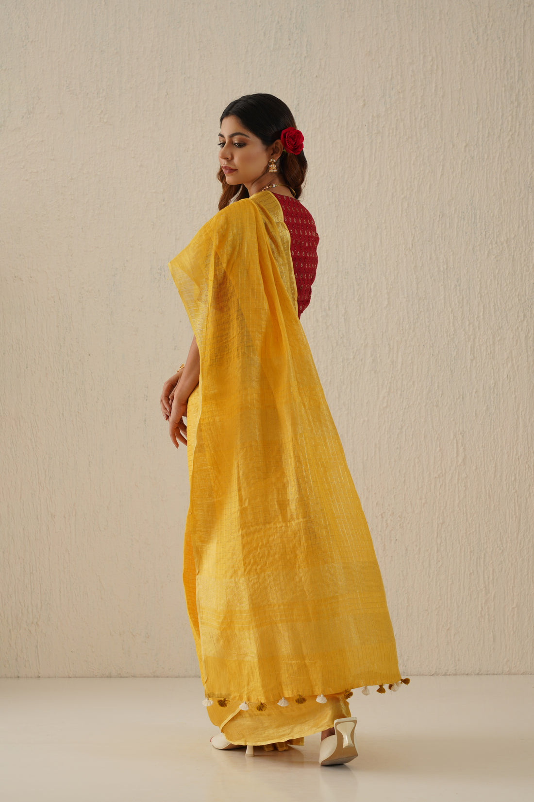 Marigold Mustard Handloom Linen Sari with Zari