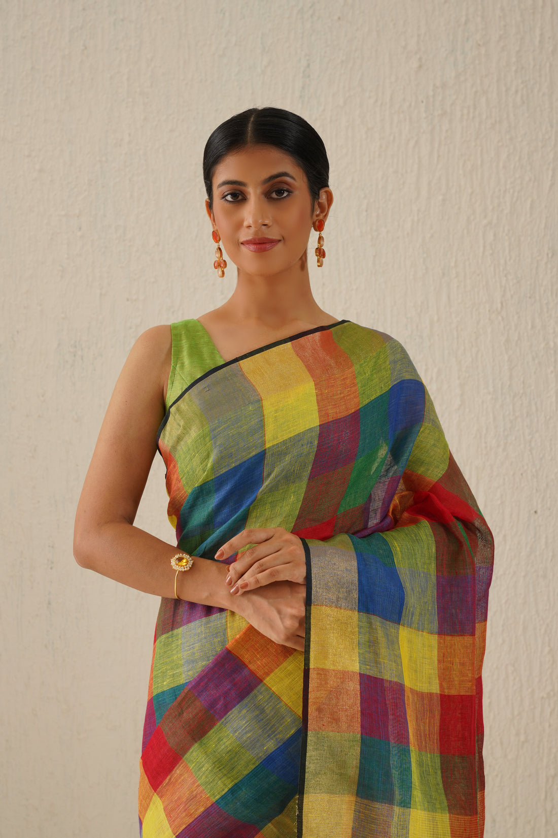 Rainbow Multicolor Stripe Linen Handloom sari with Zari