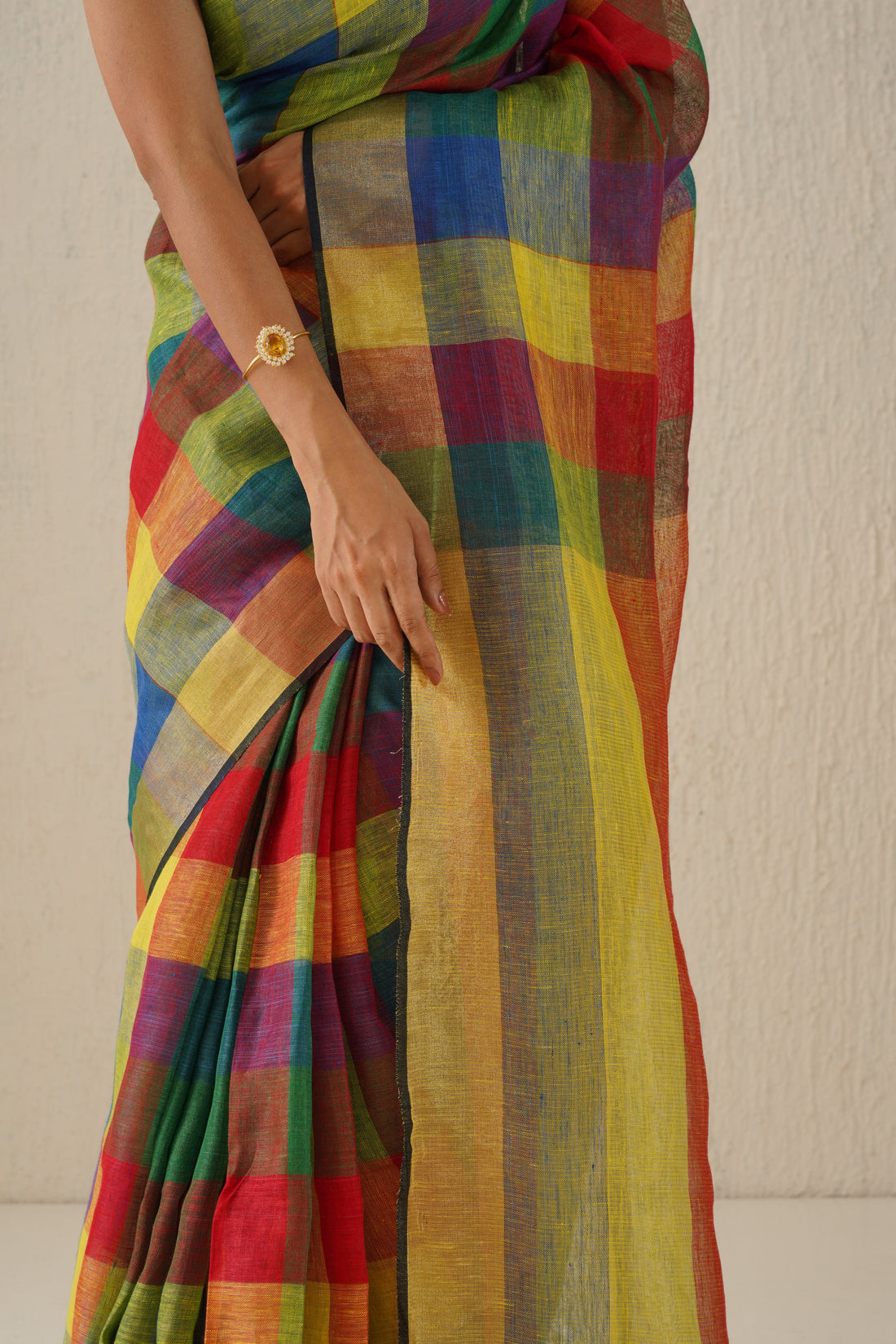 Rainbow Multicolor Stripe Linen Handloom sari with Zari