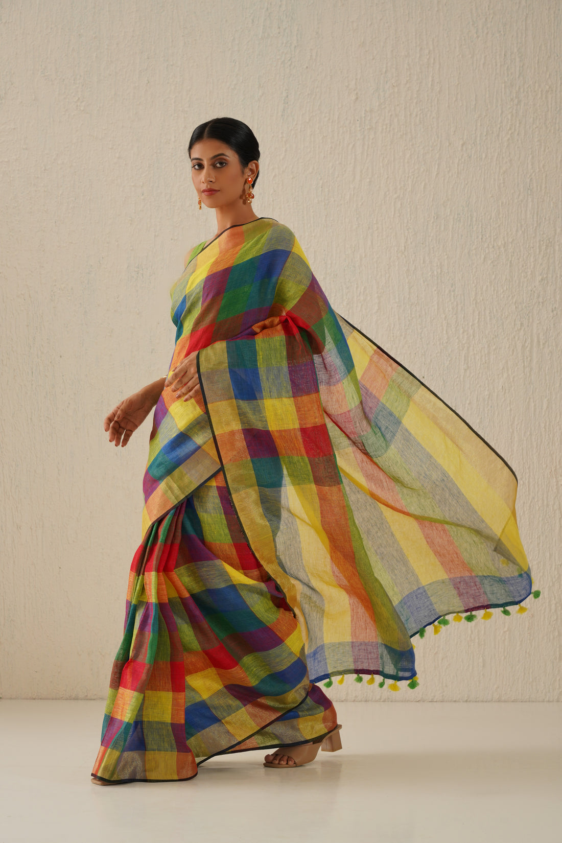 Rainbow Multicolor Stripe Linen Handloom sari with Zari