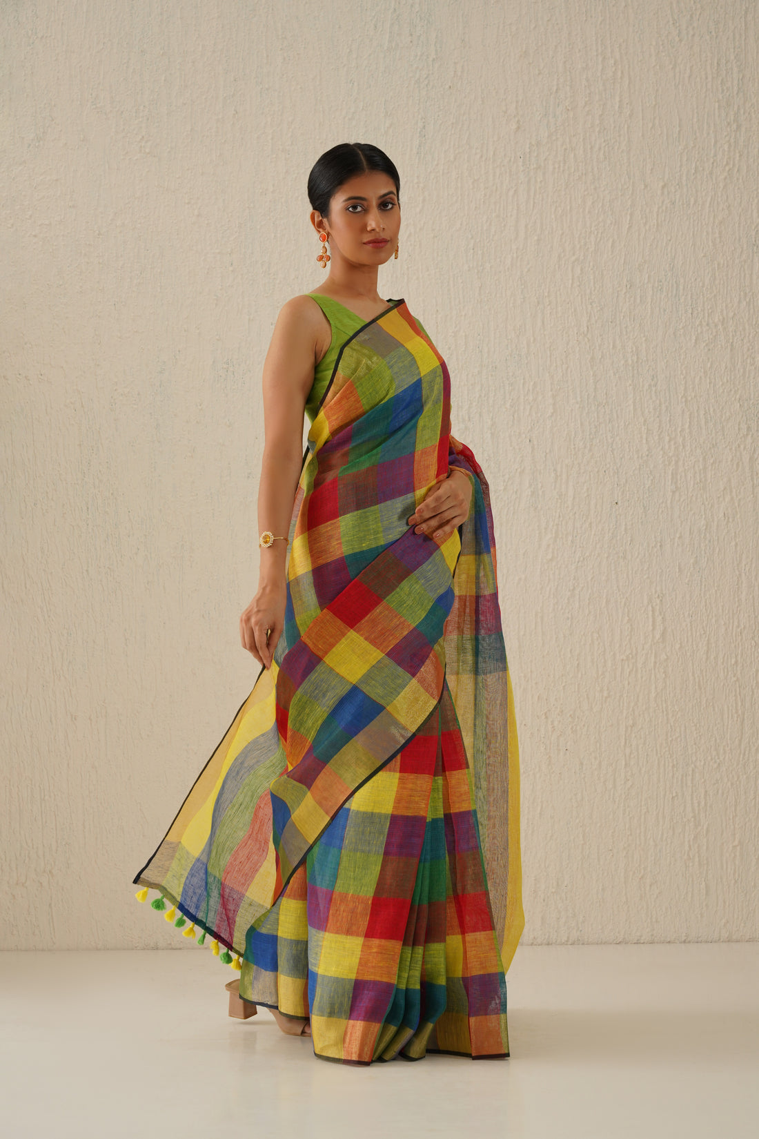 Rainbow Multicolor Stripe Linen Handloom sari with Zari