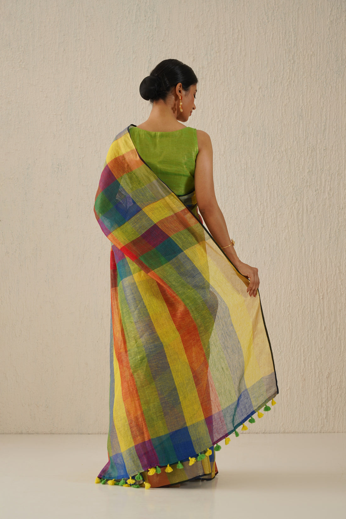 Rainbow Multicolor Stripe Linen Handloom sari with Zari