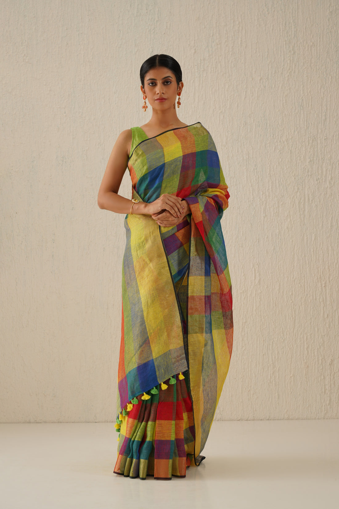 Rainbow Multicolor Stripe Linen Handloom sari with Zari