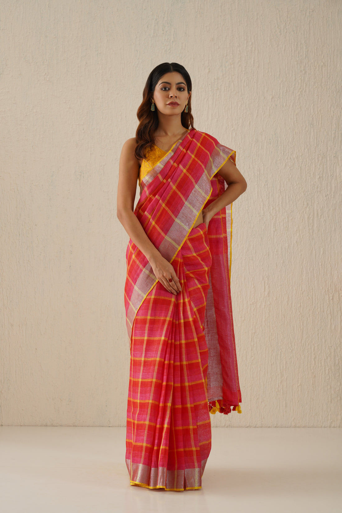 Heer Pink Stripe Handloom Linen Zari Sari