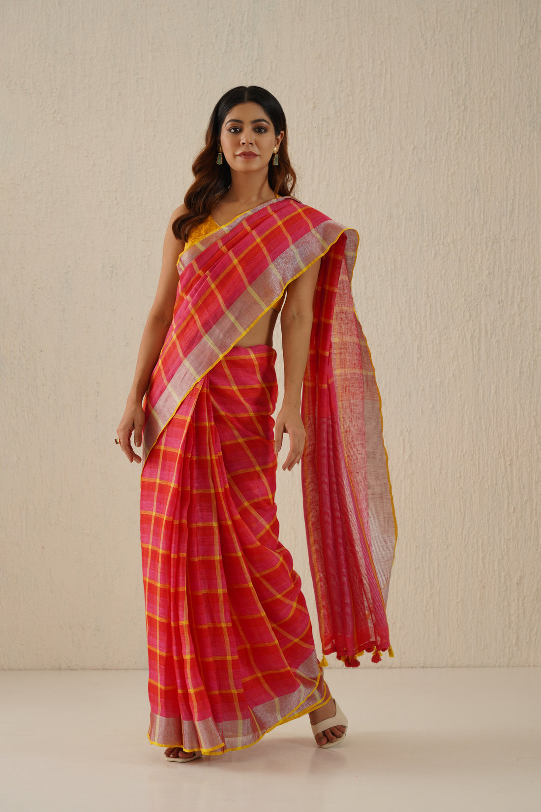 Heer Pink Stripe Handloom Linen Zari Sari