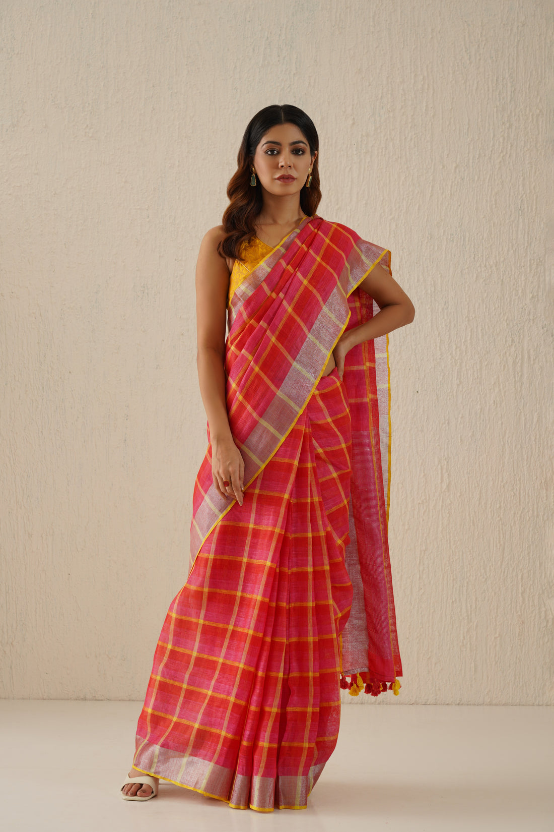 Heer Pink Stripe Handloom Linen Zari Sari