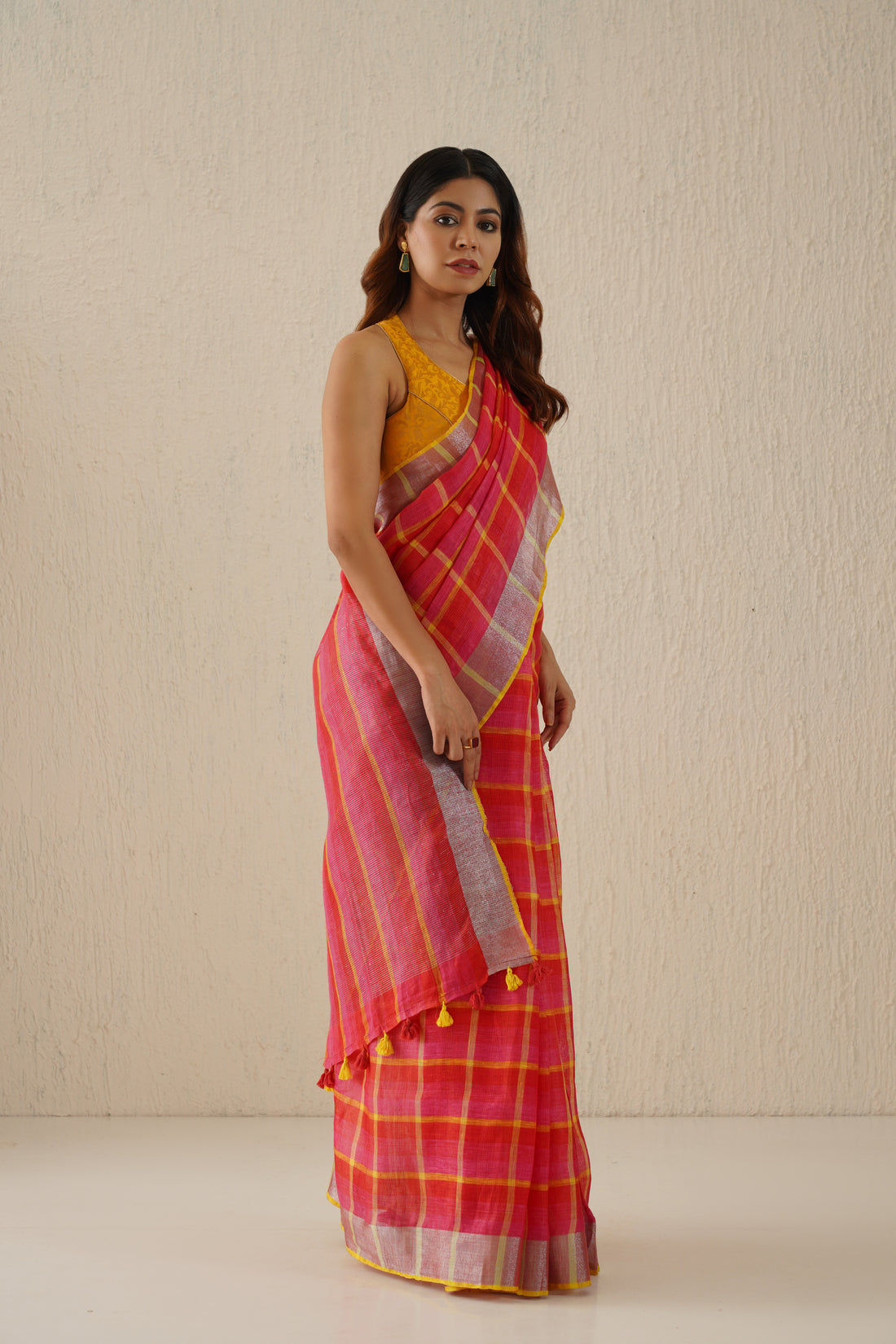 Heer Pink Stripe Handloom Linen Zari Sari