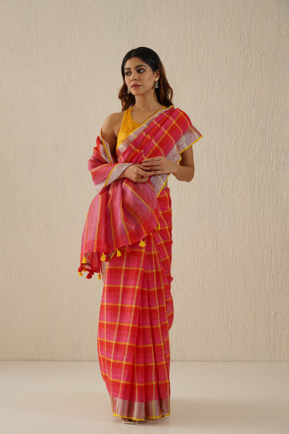 Heer Pink Stripe Handloom Linen Zari Sari