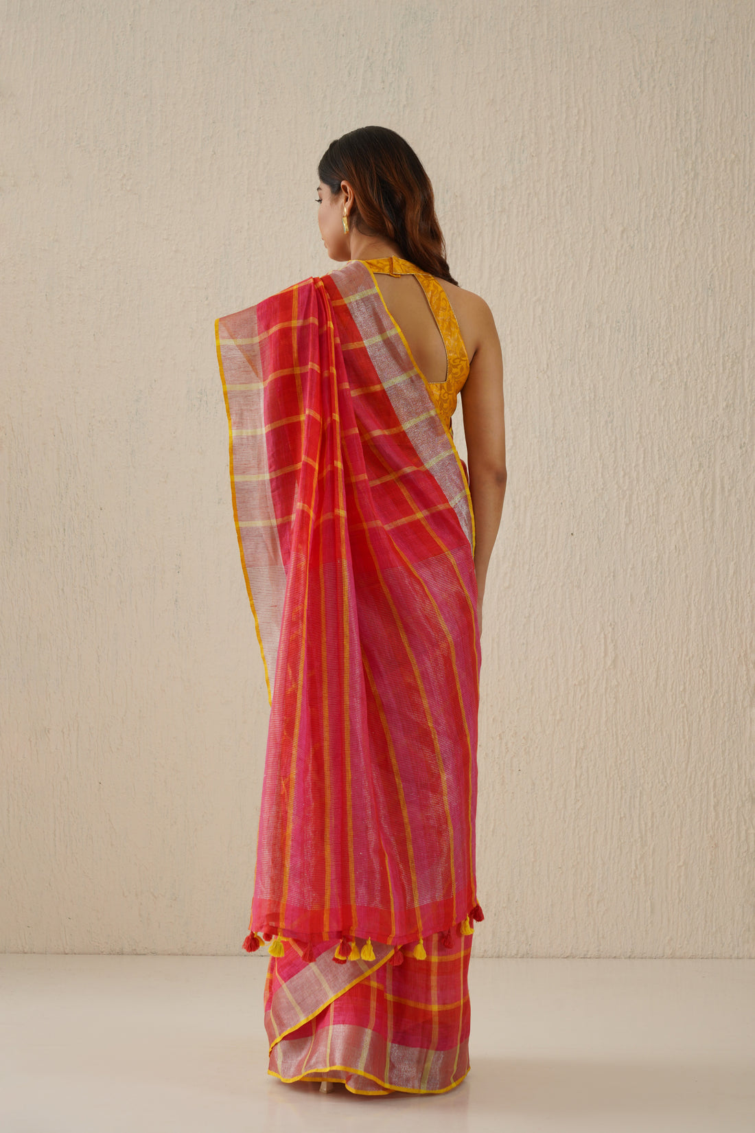 Heer Pink Stripe Handloom Linen Zari Sari