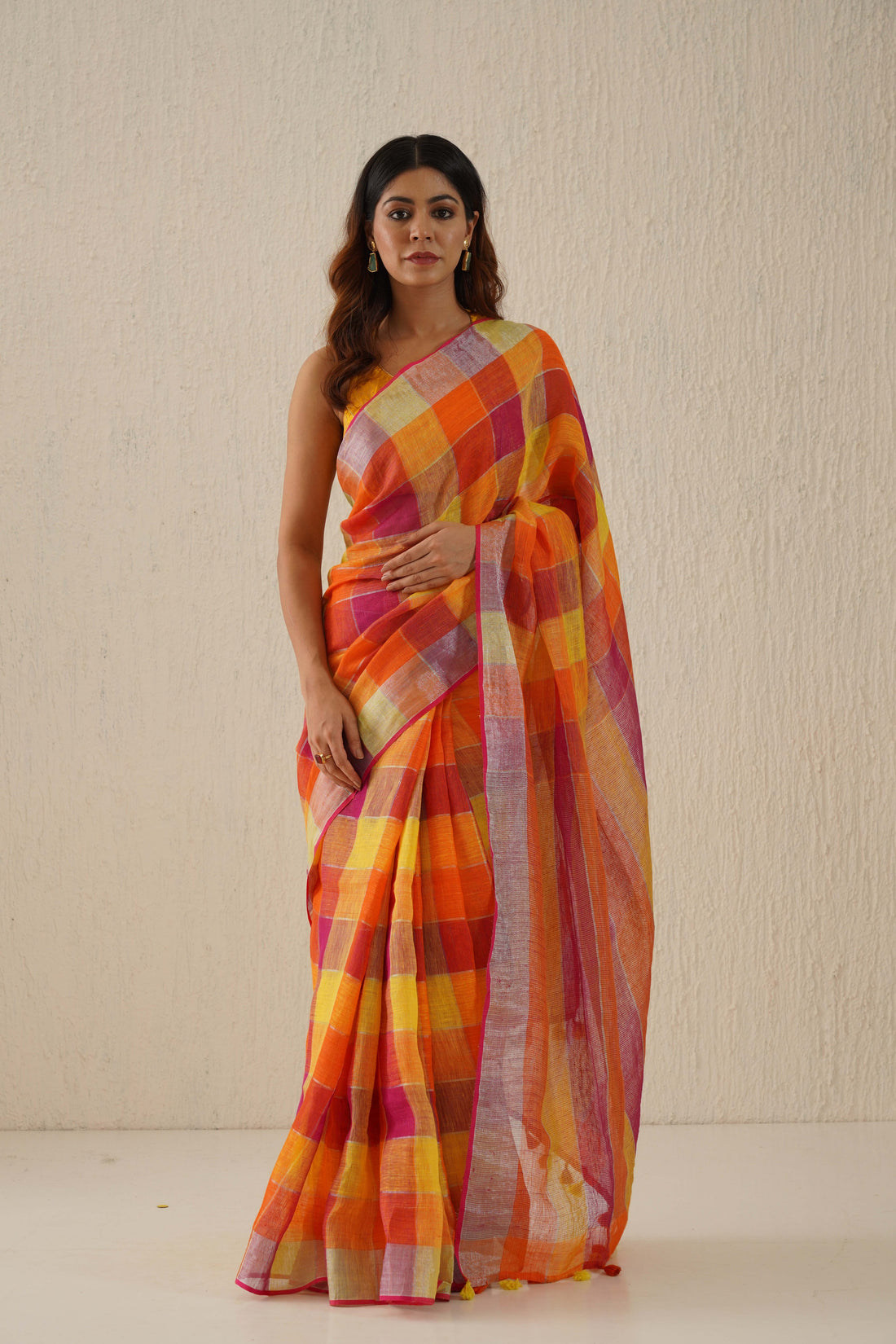 Mustard & Pink Check Linen Saree with Zari Border & Pallu