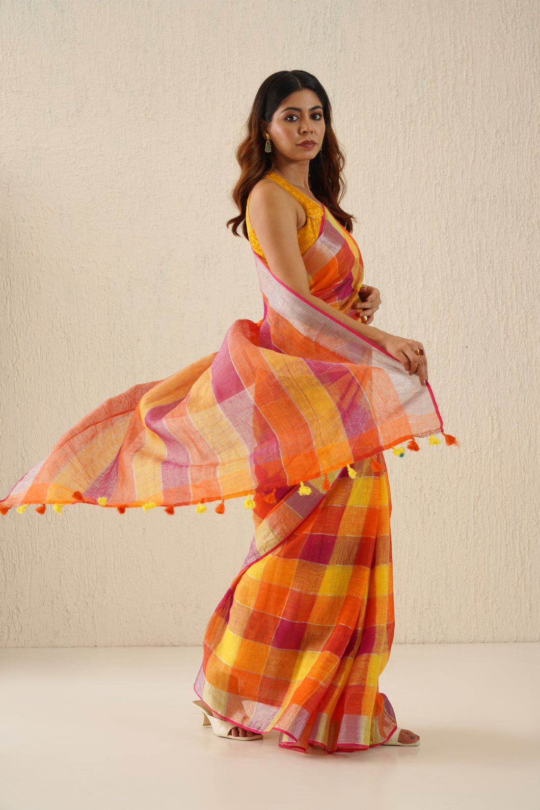 Mustard & Pink Check Linen Saree with Zari Border & Pallu