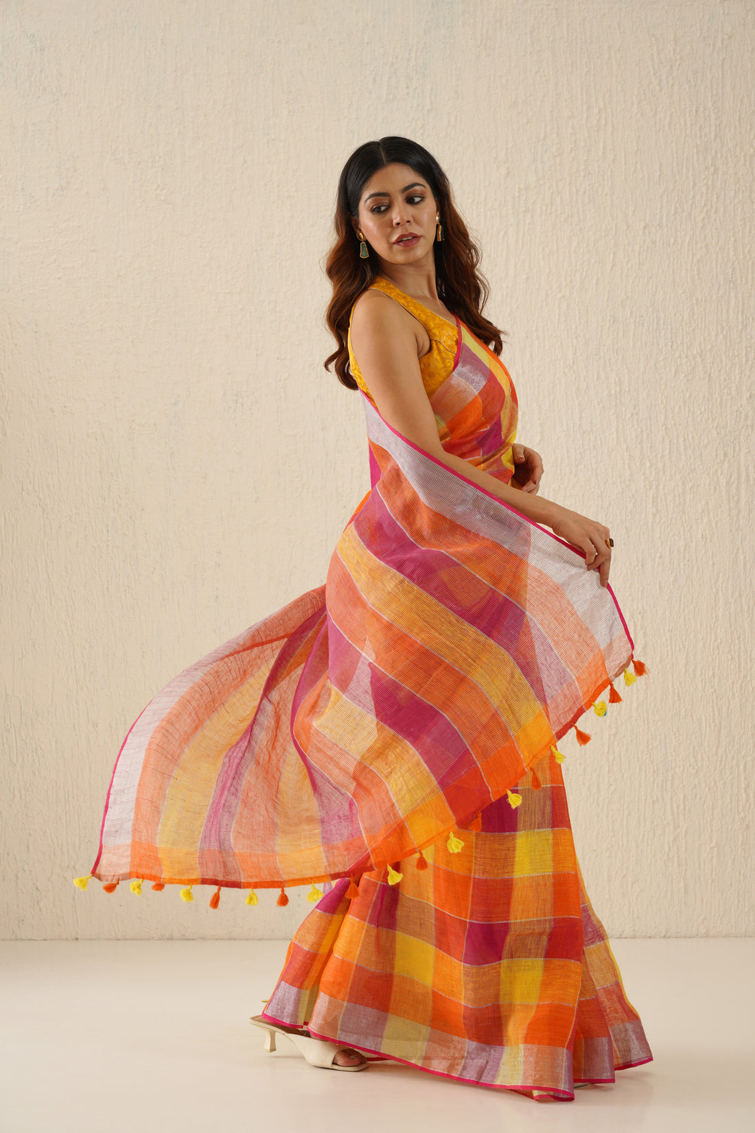 Mustard & Pink Check Linen Saree with Zari Border & Pallu