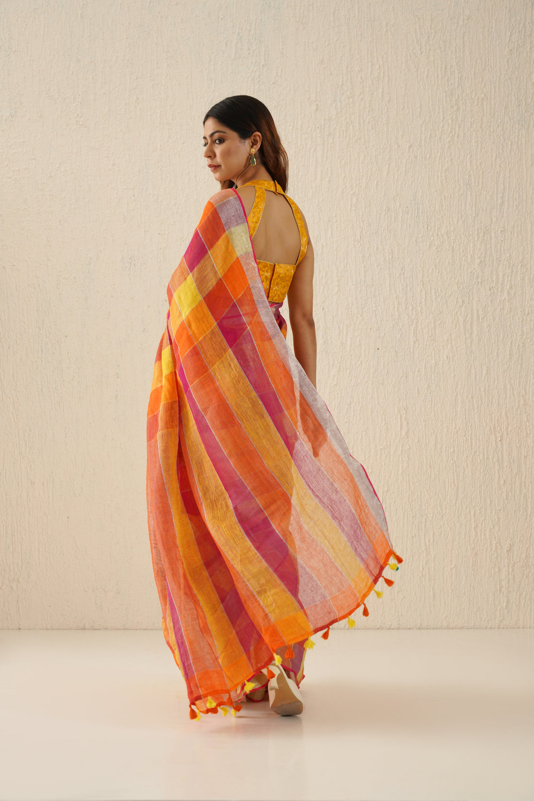 Mustard & Pink Check Linen Saree with Zari Border & Pallu