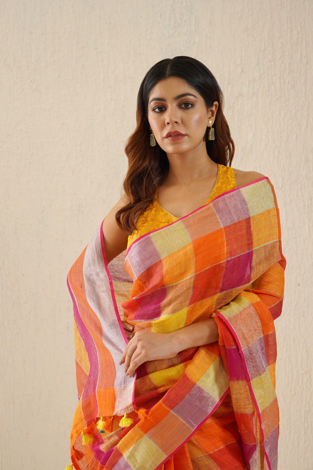 Mustard & Pink Check Linen Saree with Zari Border & Pallu