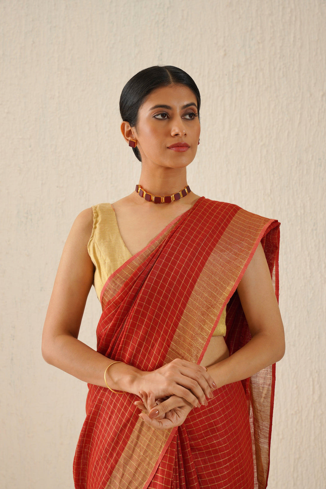 Red, Gold Zari Check Linen Saree