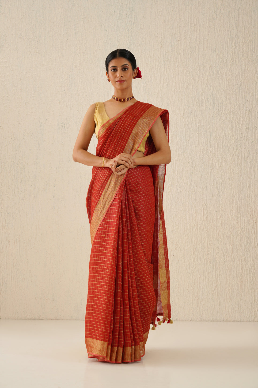 Red, Gold Zari Check Linen Saree