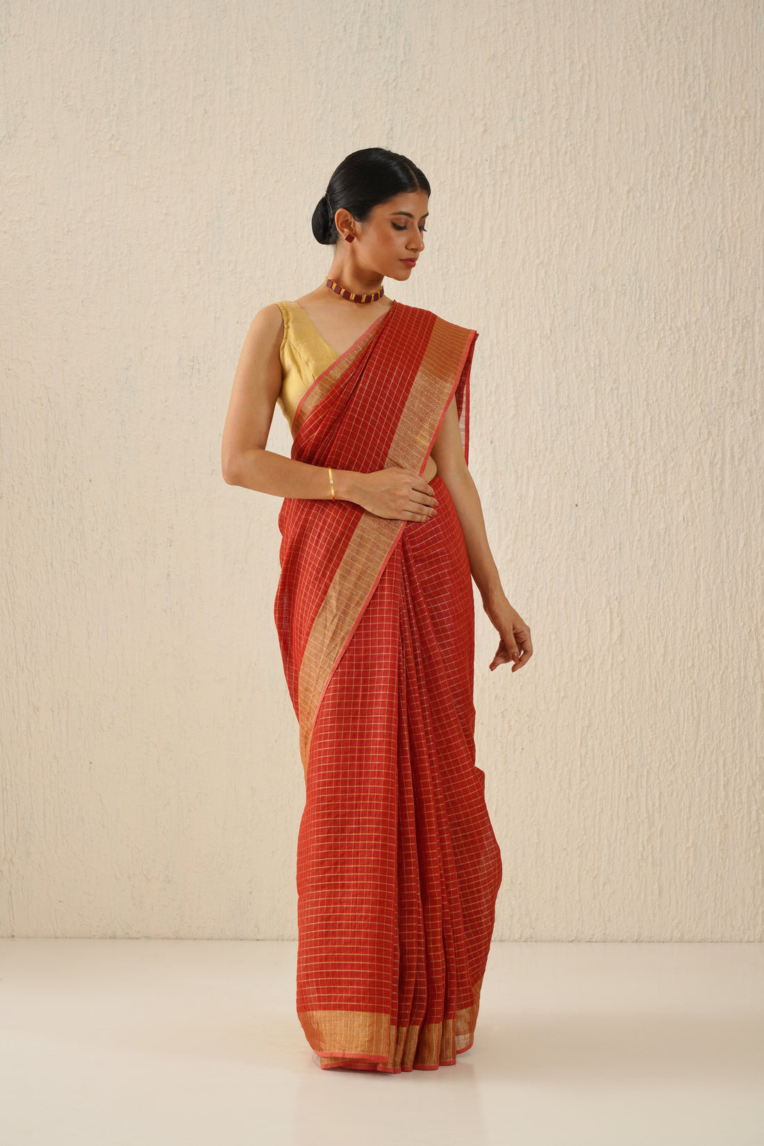 Red, Gold Zari Check Linen Saree