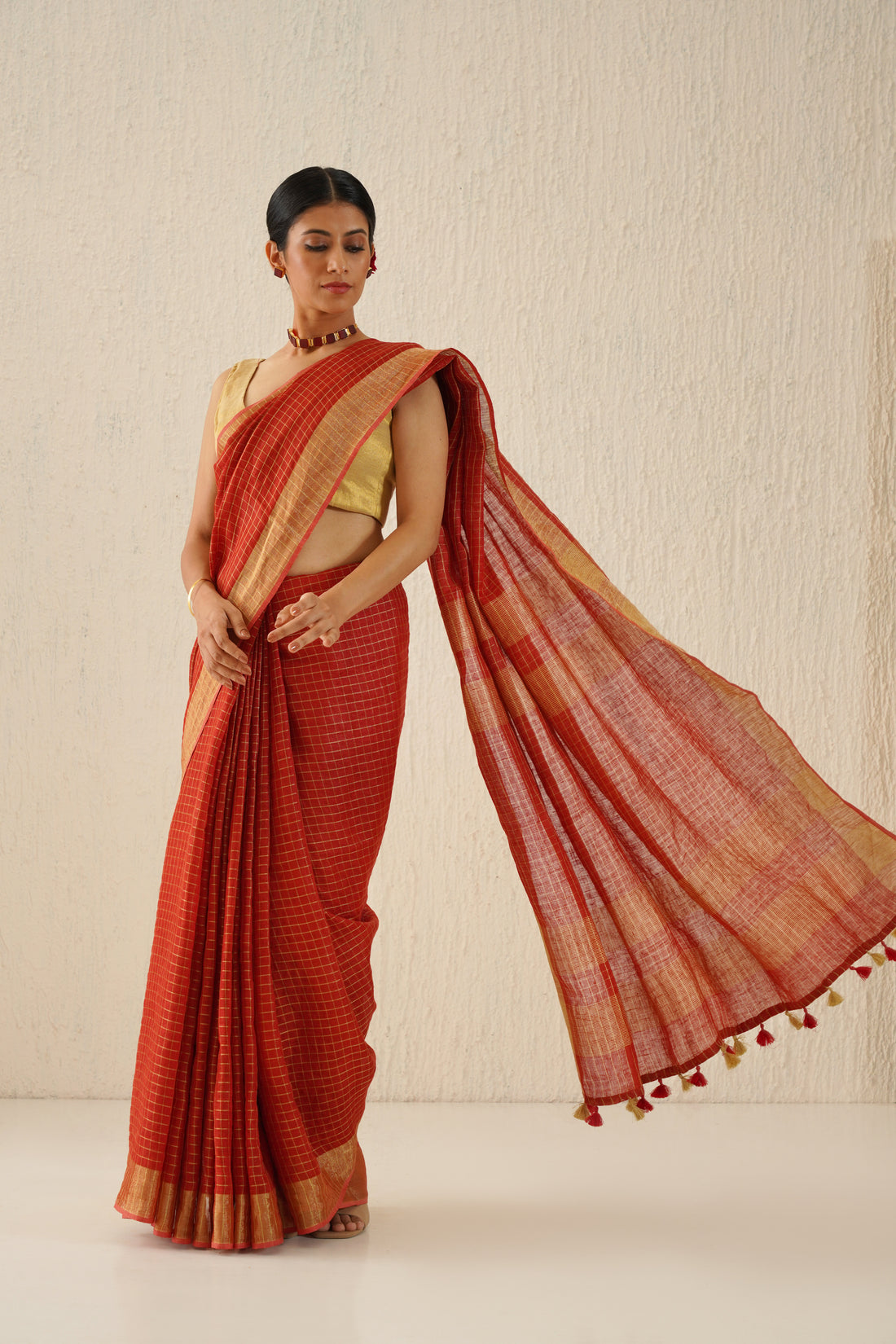 Red, Gold Zari Check Linen Saree