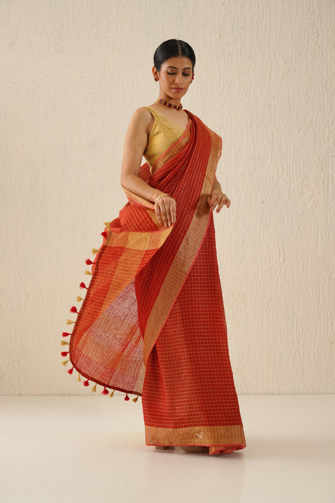 Red, Gold Zari Check Linen Saree