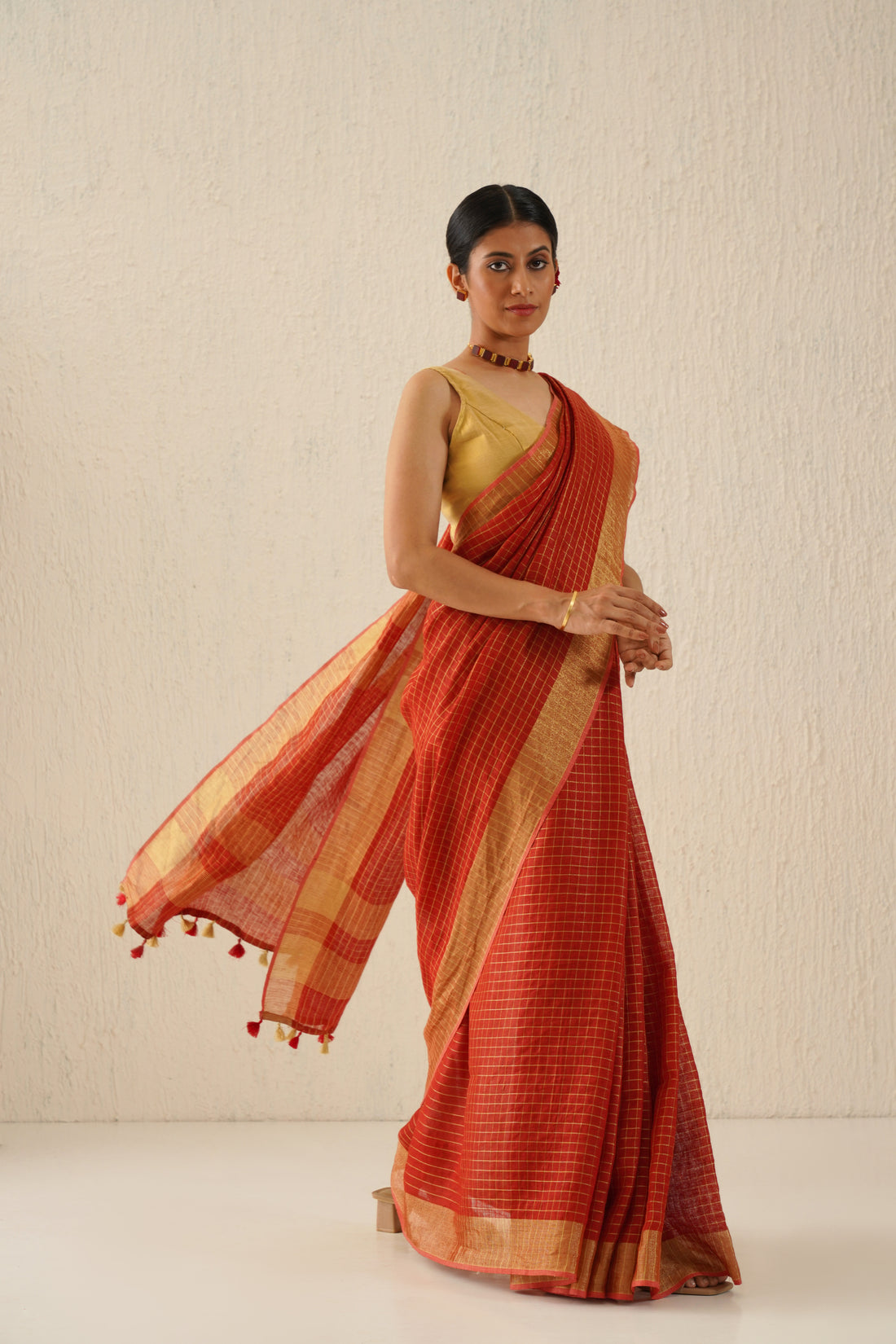 Red, Gold Zari Check Linen Saree