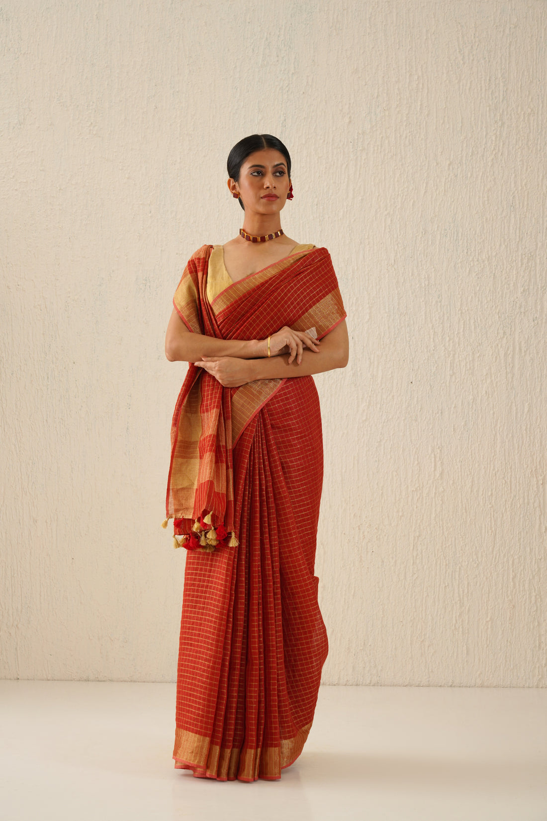 Red, Gold Zari Check Linen Saree