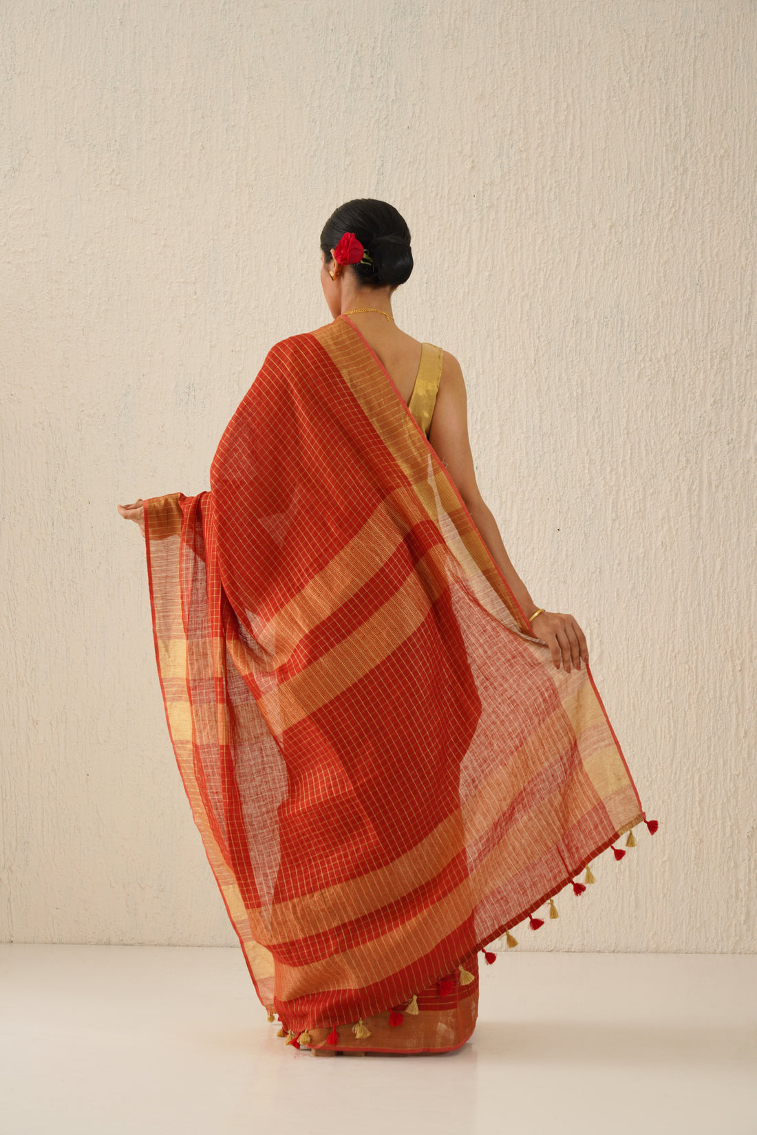 Red, Gold Zari Check Linen Saree