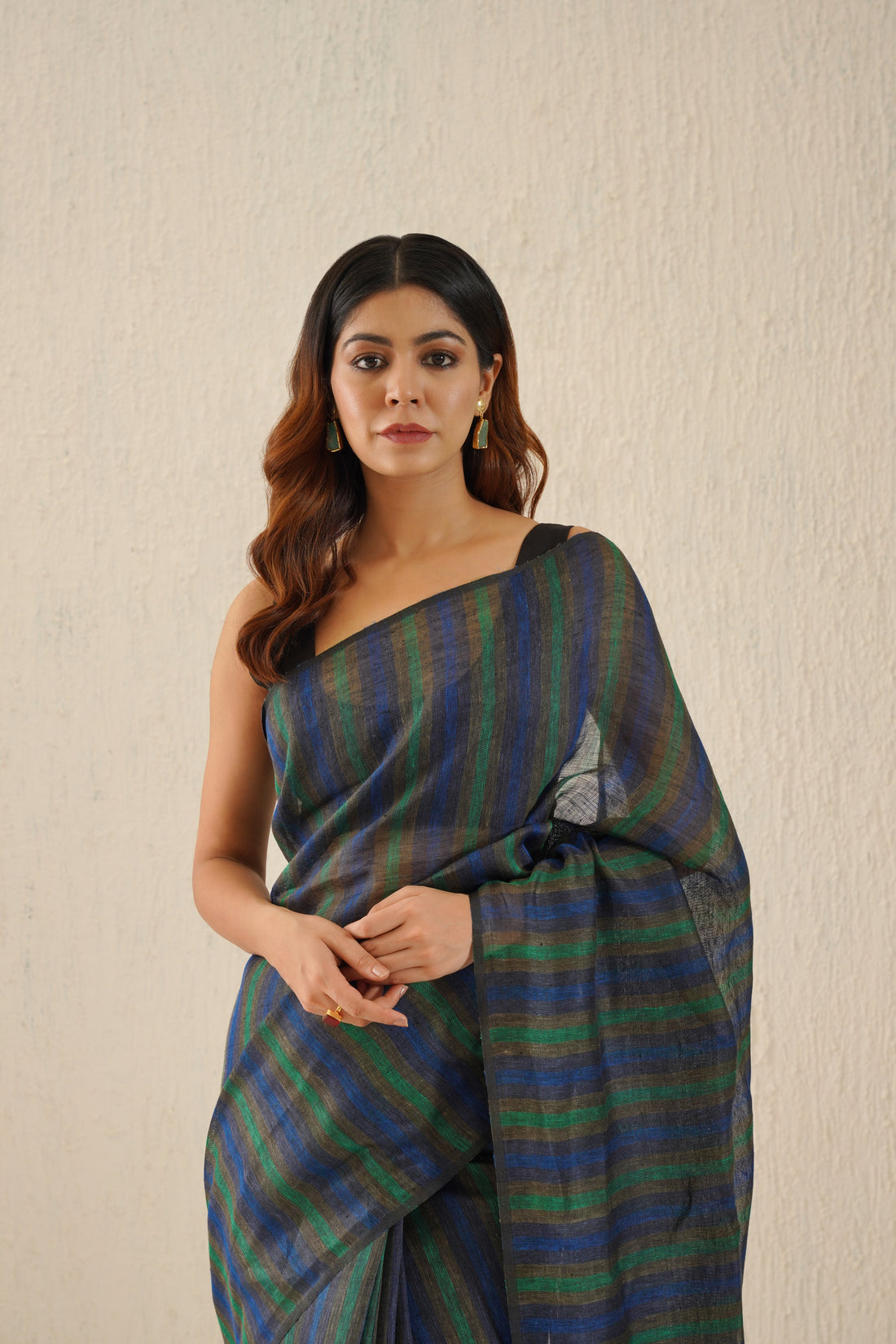 Navy Blue, Green Linen Saree with Black Zari Stripes