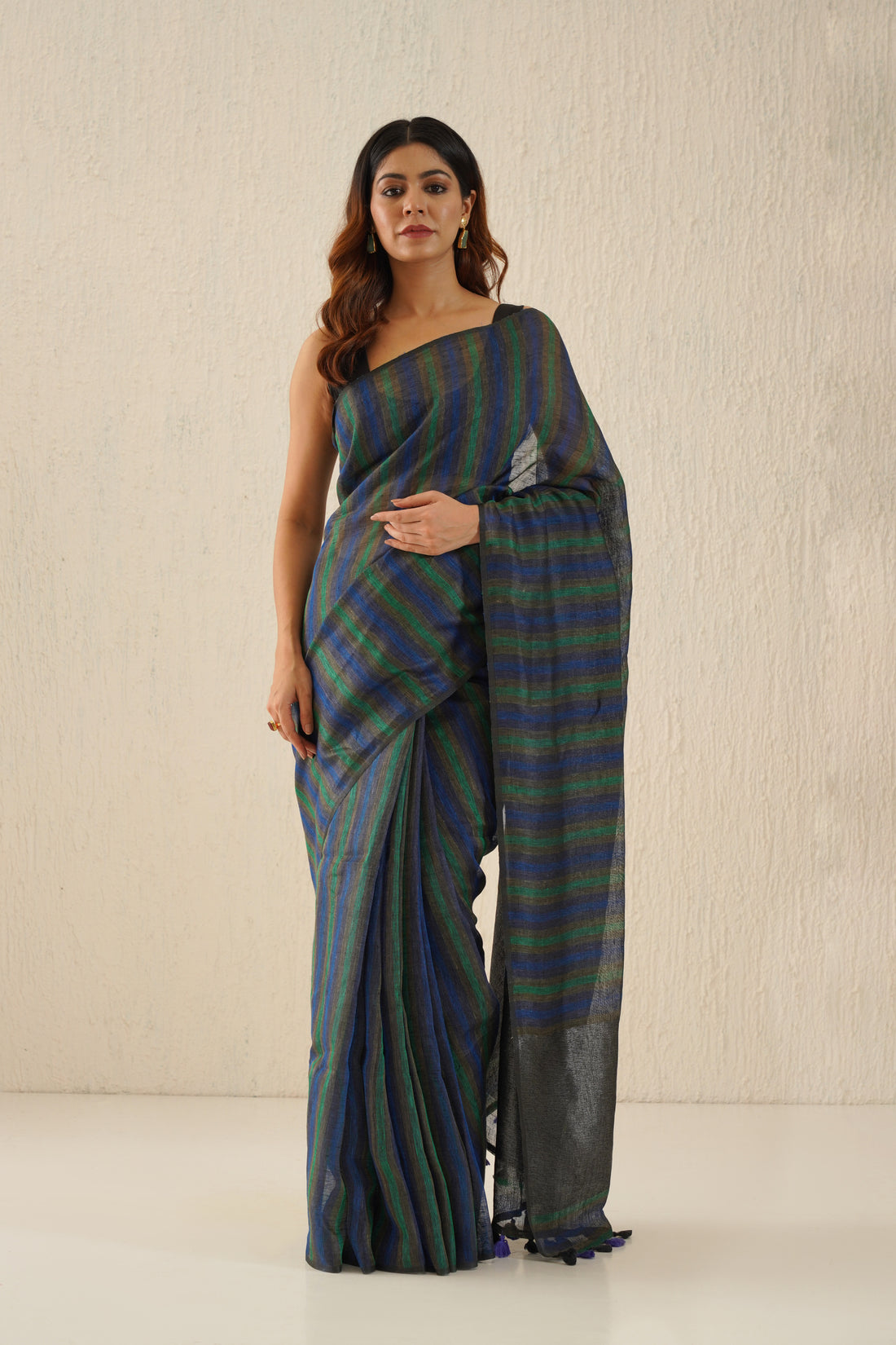 Navy Blue, Green Linen Saree with Black Zari Stripes