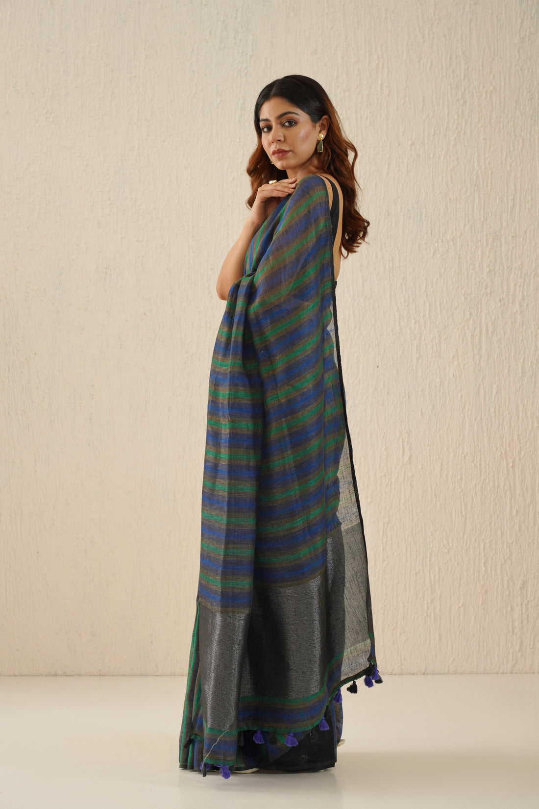 Navy Blue, Green Linen Saree with Black Zari Stripes