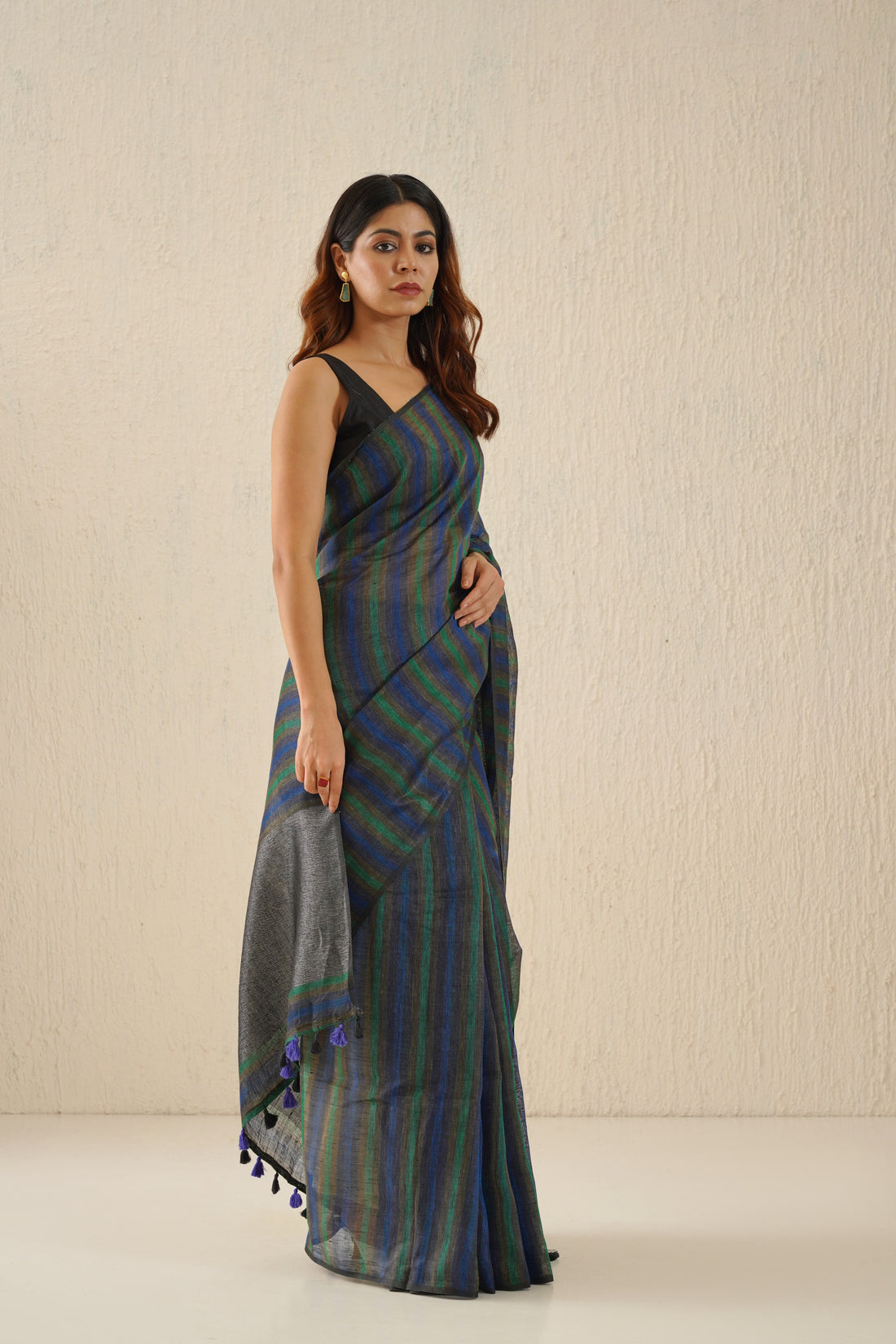 Navy Blue, Green Linen Saree with Black Zari Stripes