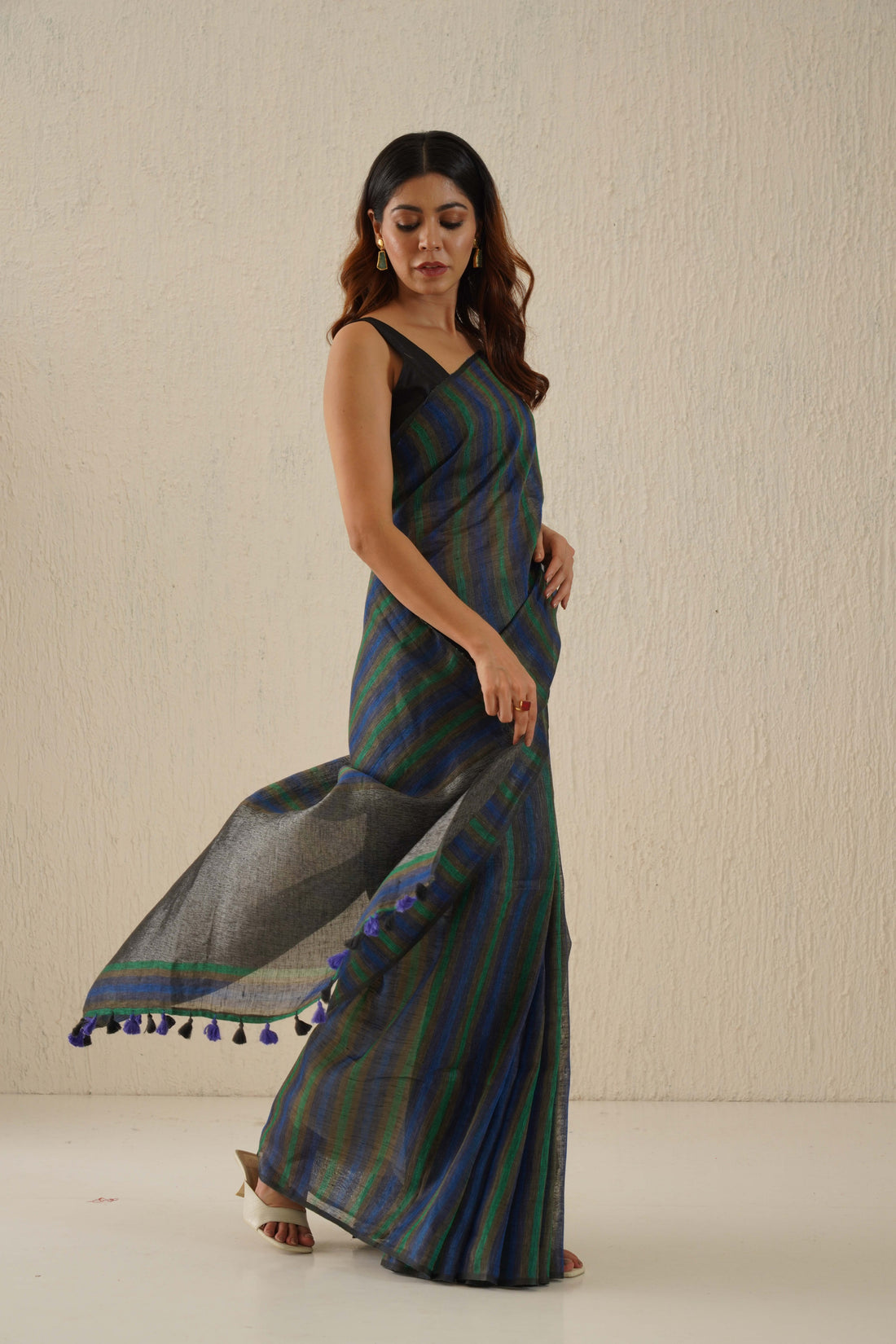 Navy Blue, Green Linen Saree with Black Zari Stripes