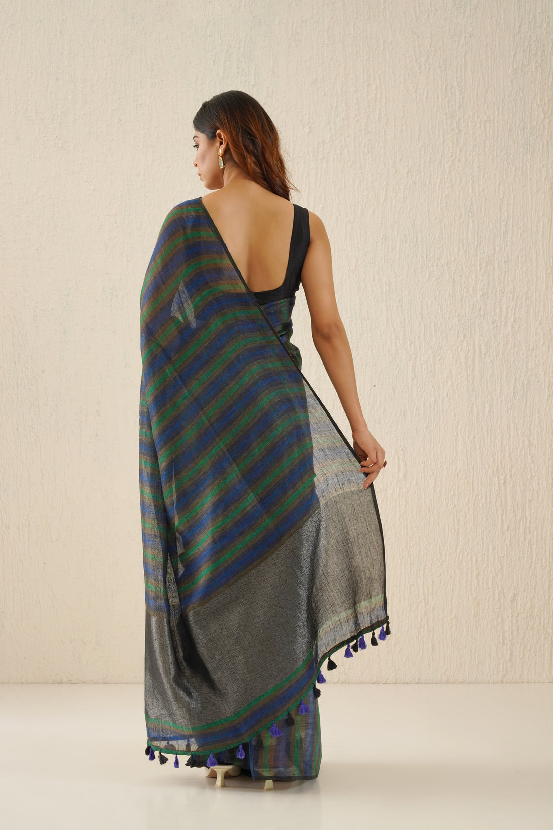 Navy Blue, Green Linen Saree with Black Zari Stripes