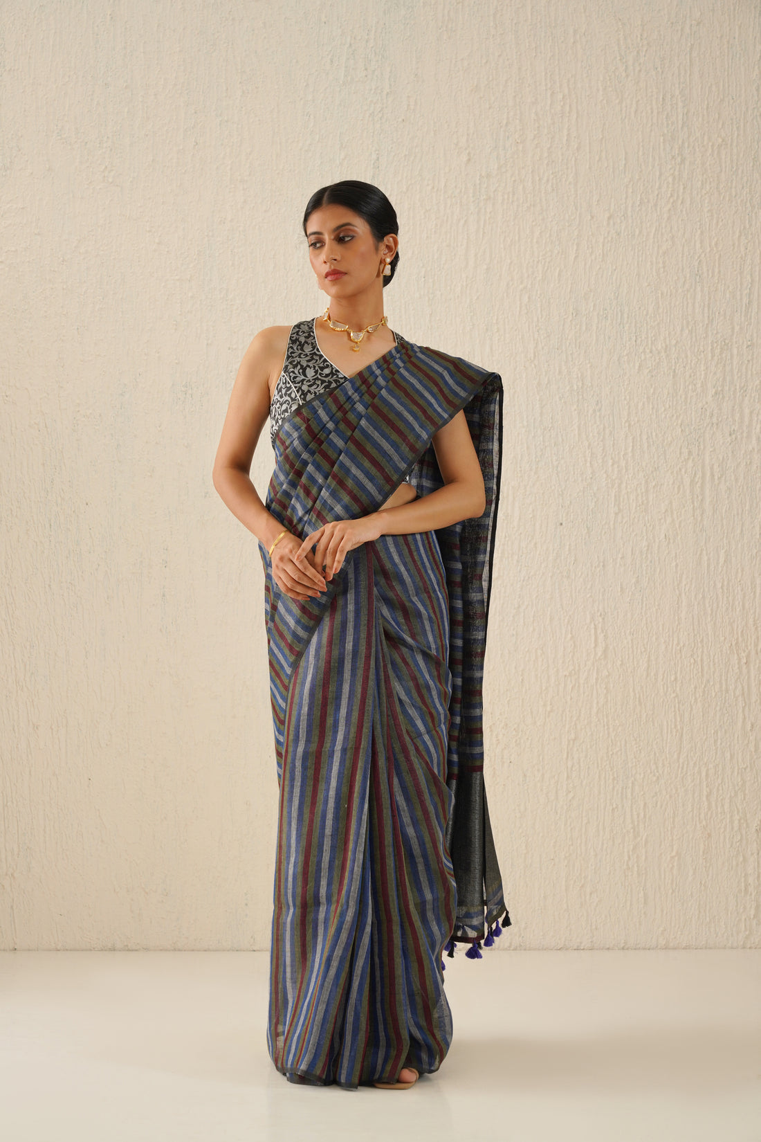 Multicolor Stripe Linen Sari with Grey Zari Pallu