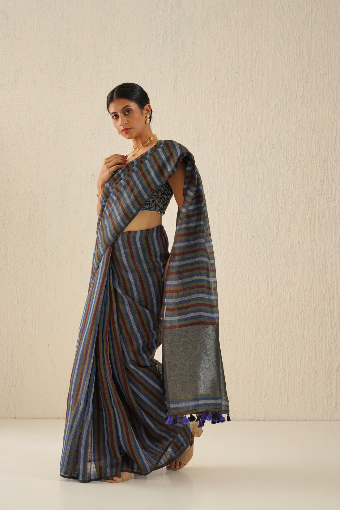 Multicolor Stripe Linen Sari with Grey Zari Pallu