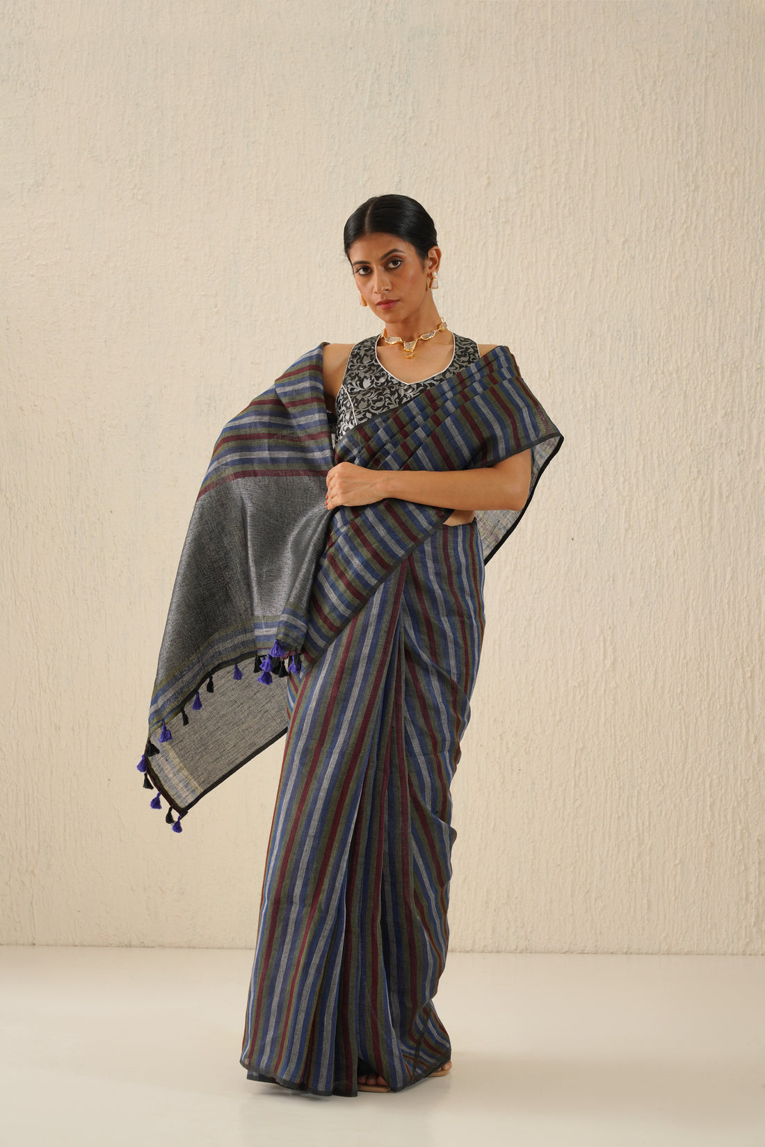 Multicolor Stripe Linen Sari with Grey Zari Pallu