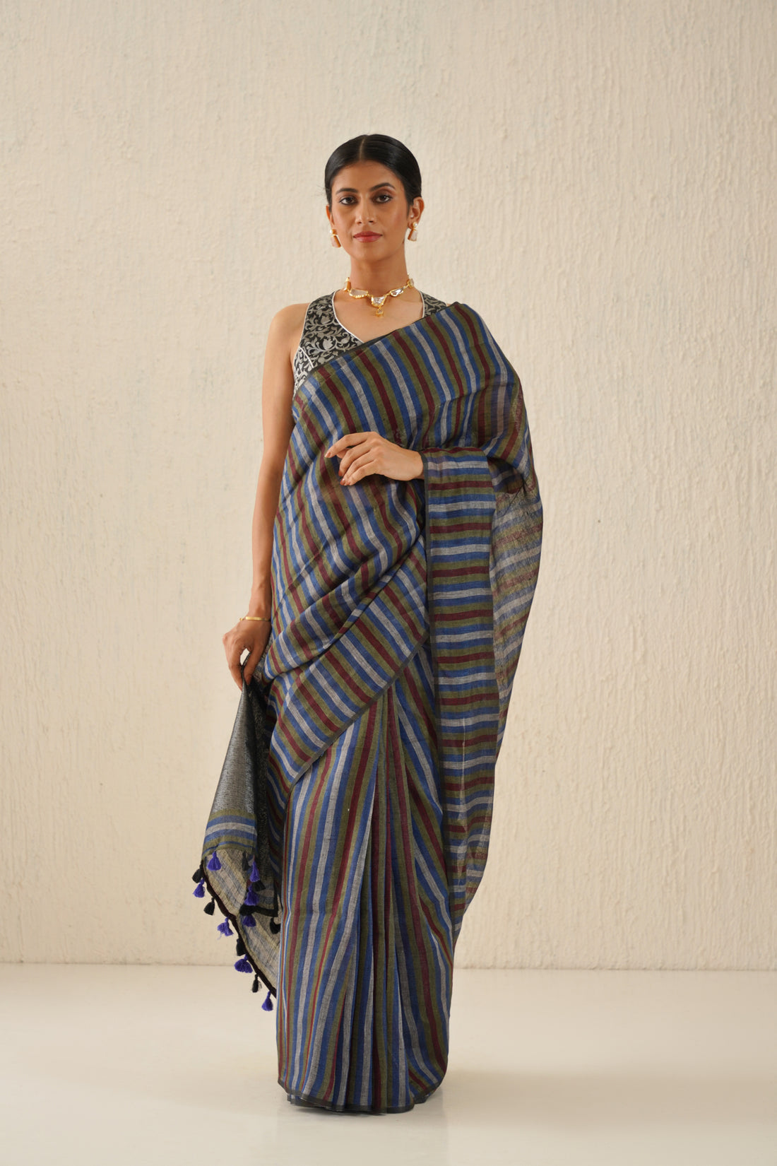 Multicolor Stripe Linen Sari with Grey Zari Pallu