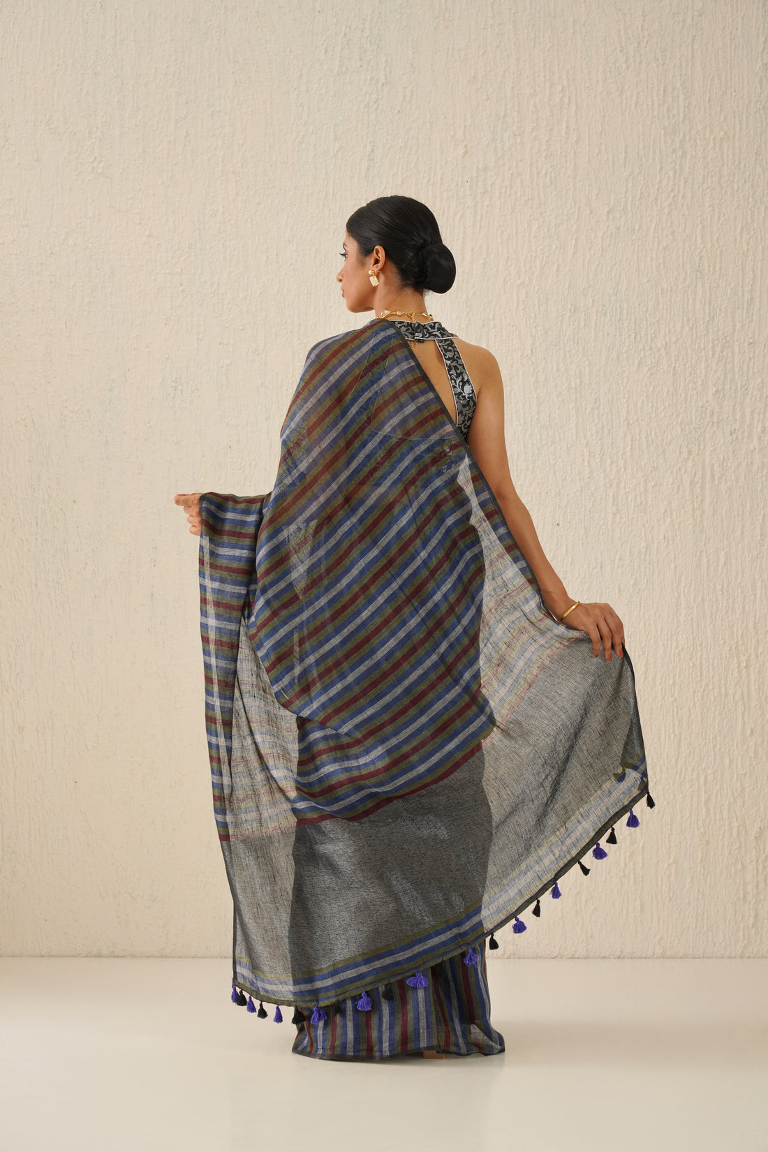 Multicolor Stripe Linen Sari with Grey Zari Pallu