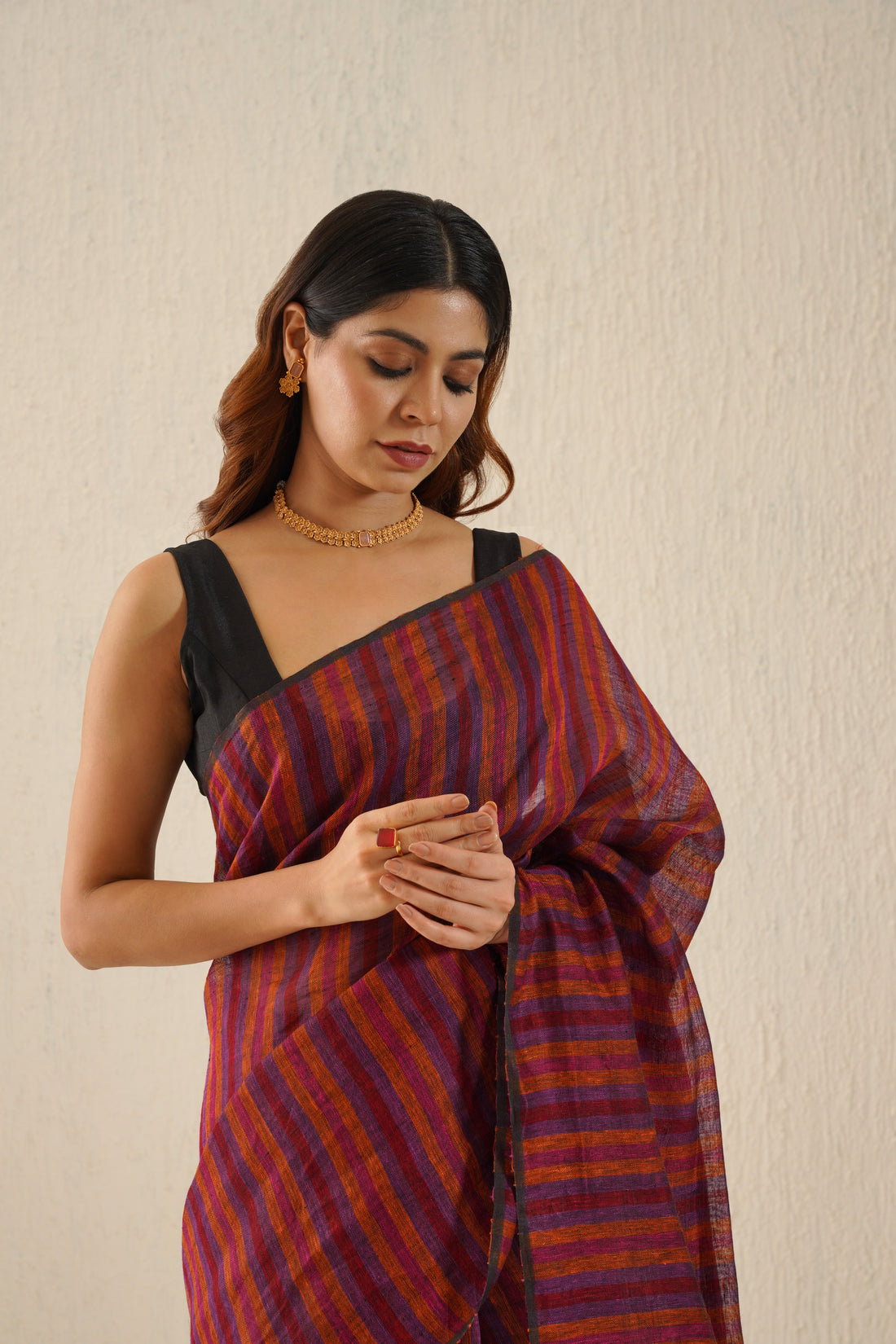 Plum, Purple Stripe Linen Sari with Grey Zari