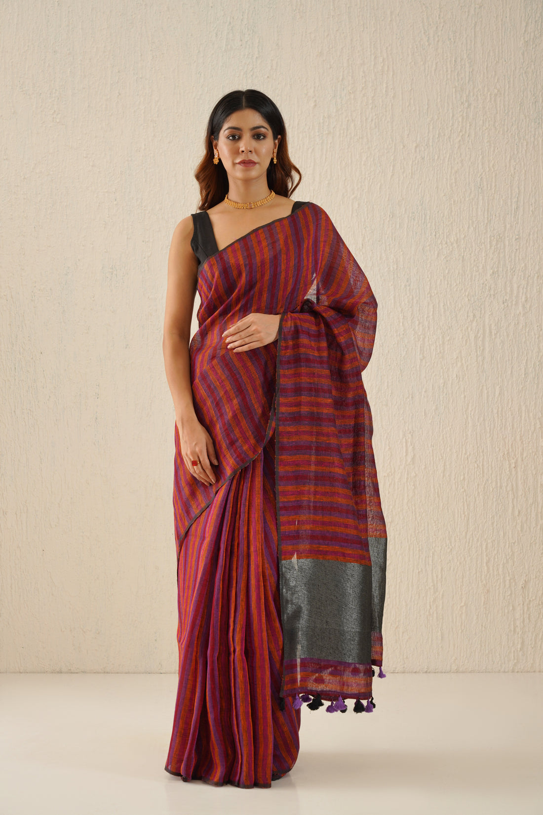 Plum, Purple Stripe Linen Sari with Grey Zari