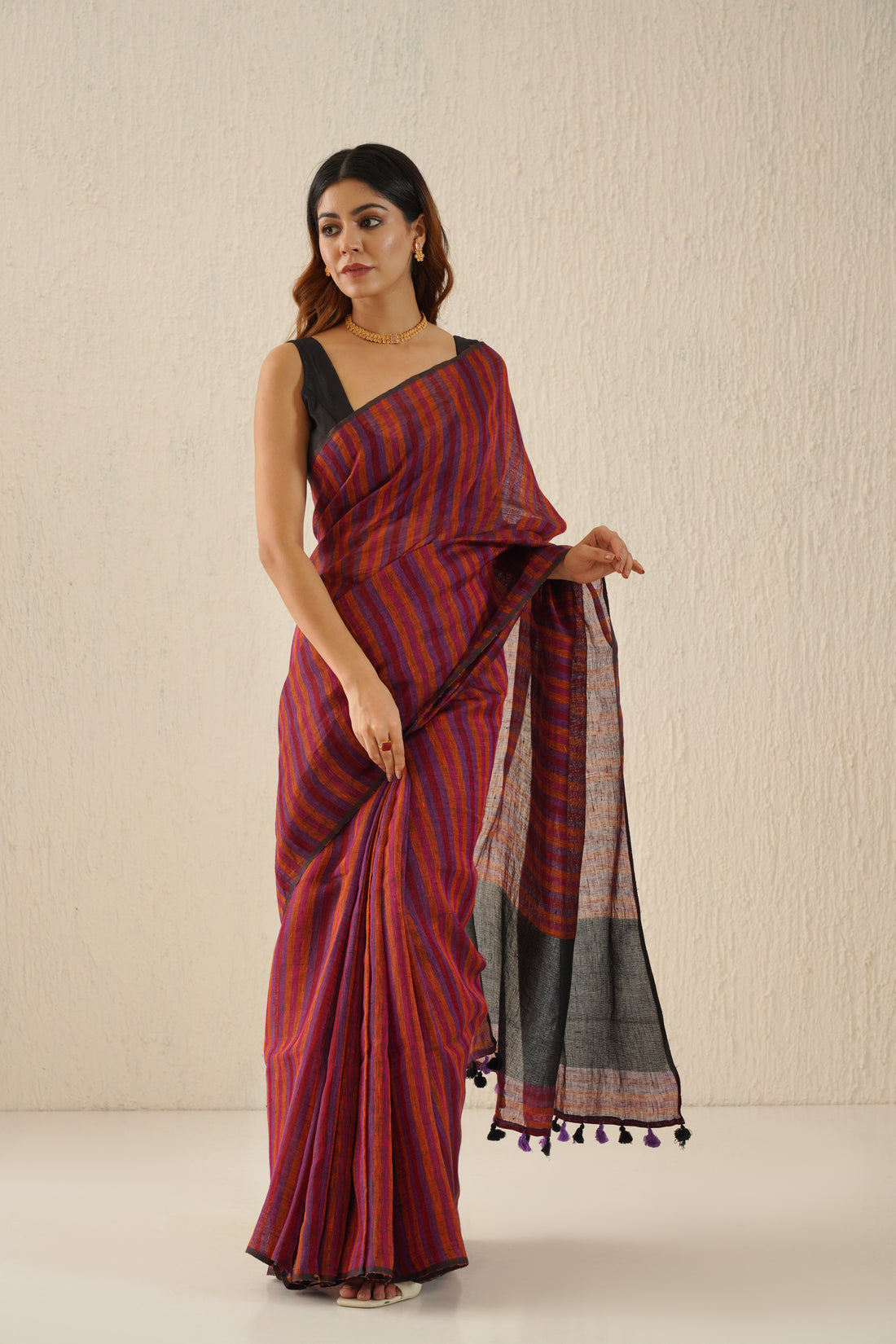 Plum, Purple Stripe Linen Sari with Grey Zari