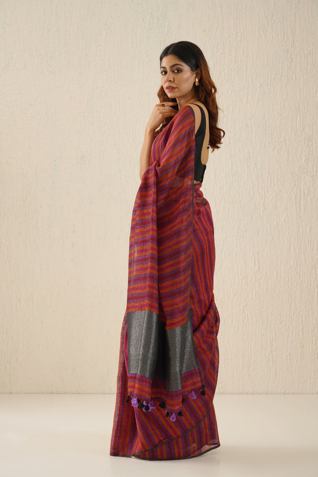 Plum, Purple Stripe Linen Sari with Grey Zari